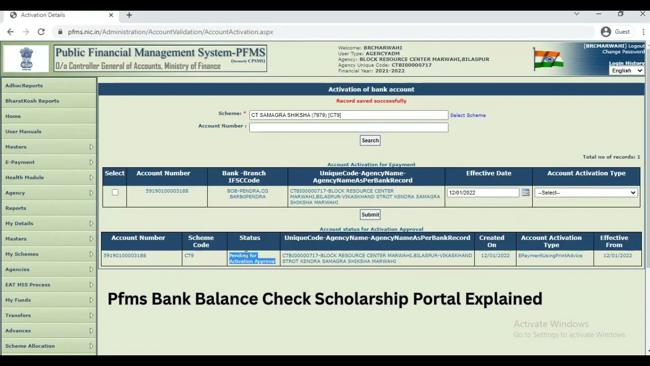 pfms bank balance check scholarship